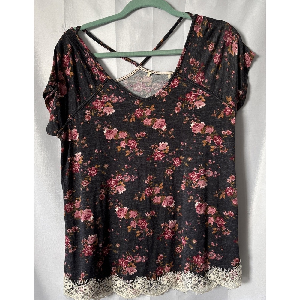 REWIND Women's Floral Print Top With Boho Lace Trim Criss Cross Back L